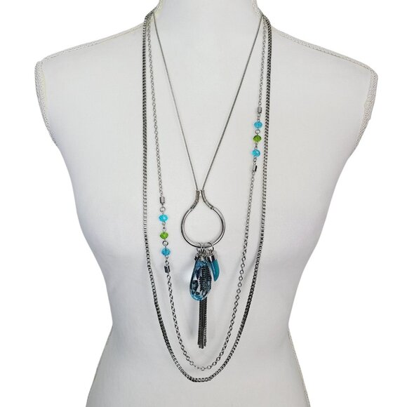 Unbranded Jewelry - Silver Tone Triple Strand Charm Necklace 24"-39" Blue Green Beads